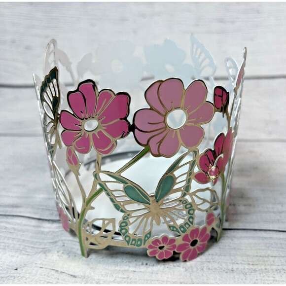 2 Bath & Body Works 3-Wick Candle Holders Butterflies Garden Pink Dahlia Pdstl - Picture 3 of 8